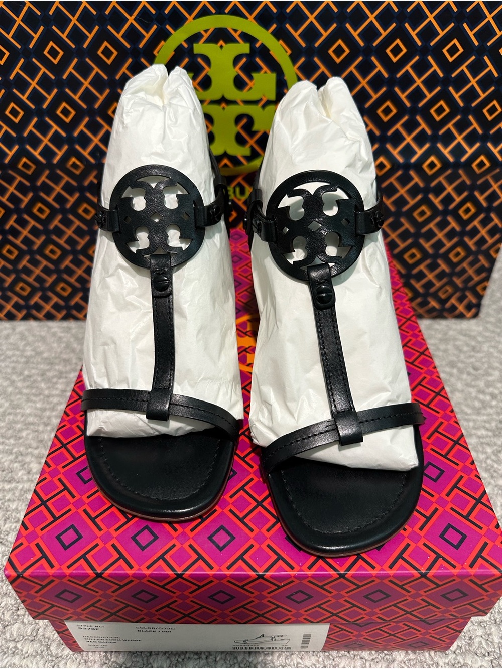 Tory Burch Black Leather Logo T-Strap Sandals